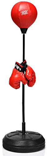 RELAX4LIFE Punching Ball con Guantini per Adulti e Bambini, Sacco da Boxe con Altezza Regolabile 120-154 cm, Palla di Pugilato da Terra con Base Stabile, Rosso e Nero (Modello 2)