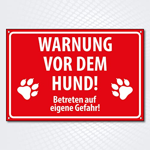 Warnschild Warnung vor dem Hund – 300x200 mm Rot | rechteckiges Hinweisschild aus 3mm Alu-Dibond mit UV-Schutzlack & Lochbohrungen | Betreten auf eigene Gefahr | wetterfest & robust