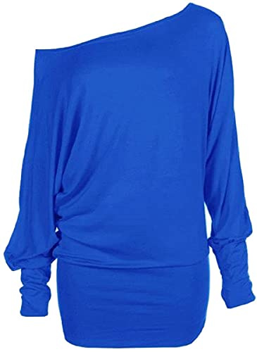 Crazy Girls Womens Long Sleeve One Off-Shoulder Plain Baggy Batwing Top UK8-24, Royal Blue, SM (UK 8-10)