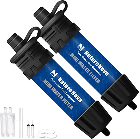 NatureNova Lot de 2 mini filtres à eau portables d'urgence pour la randonnée, le camping, la survie et les situations d'urgence Bleu