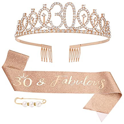ALTcompluser 30. Geburtstag Krone Schärpe Set, Geburtstag Tiara Gold Geburtstag Schärpe Broschen, 30. Geburtstag Geschenke Geburtstag Schärpe und Krone für Frauen Geburtstag Party Supplies