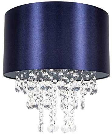 Modern and Eye-Catching Navy Midnight Blue Satin Shimmer Fabric Pendant Light Shade with Hanging Transparent Acrylic Droplets | 30cm Diameter by Happy Homewares