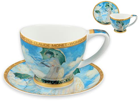 CARMANI - Keramik Kaffee- Teetasse und Untertasse bedruckt mit Oscar Claude Monet, Frau mit Sonnenschirm