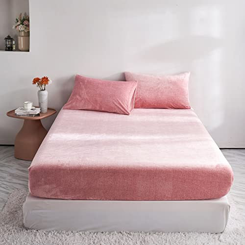 Damier Winter Spannbettlaken 180x200cm Rosa Flauschige Warme Samt Bettlaken Teddy Plüsch Spannbetttuch Geeignet für 30cm Matratze