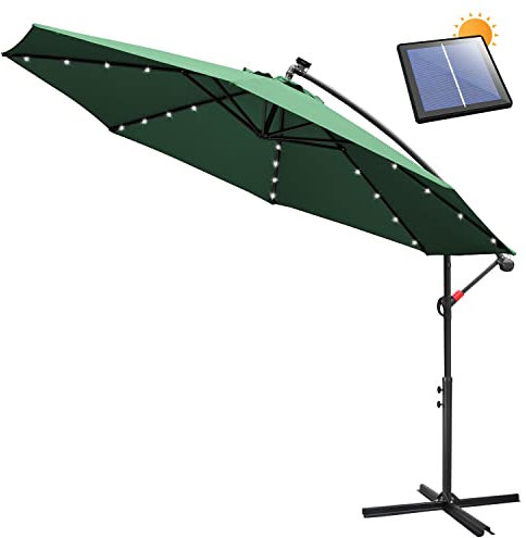 Ikodm Alu Ampelschirm LED Solar Sonnenschirm Grün Ø 350 cm mit Kurbel, Ständer | Gartenschirm Sonnenschutz UV-Schutz Aluminium | Kurbelschirm Marktschirm wasserdicht für Garten