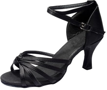 PLAFOPE High Heeled Dance Shoes for Women Knotted Strap Latin Style with Snakeskin Design Black Open-Toed High Heels for Salsa and Banquet Events