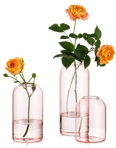 Glasseam Knospenvasen für Blumen, niedliche rosa Vase 3er Set, handgefertigte Glas-Blumenvasen, moderne dekorative Zylindervasen für Hochzeit Tisch Esszimmer Dekorationen