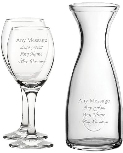 Personalised Engraved Set of 2 Pure Wine Glass and 1 Litre Carafe Set, Customise with Any Message for Any Occasion, Stylize from a Variety of Fonts, Gift Boxes Included, Laser Engraved