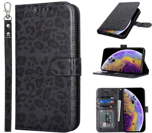 Zouzt Case for iPhone Xs Max (6.5 Inch), Premium PU Leather Wallet Case with Credit Card Holder Slot Flip Folio Kickstand Shockproof Protective Phone Cover (Black Leopard Pattern)