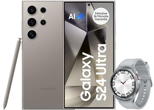 Samsung Galaxy S24 Ultra AI Smartphone, Android-Handy ohne Vertrag, 12GB RAM/512GB Speicher, 200-MP-Kamera, S Pen, Lange Akkulaufzeit, Titanium Gray + Galaxy Watch6 Classic Smartwatch, 47 mm, Silber