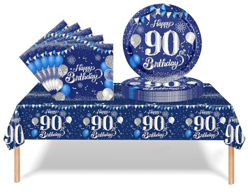 37Pcs 90th Birthday Tableware Set Navy Blue,90th Birthday Decorations with Party Paper Plates and Napkins,Plastic Table Cloth for Her His Women Men Happybirthday Table Decoration Dinnerware Supplies