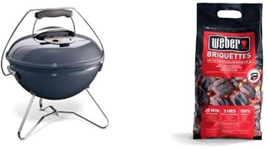 Weber Smokey Joe Premium Charcoal Grill Barbeque, 37cm | Portable BBQ Grill with Tuck-N-Carry Lid Cover & Plated Steel Legs | Folding Outdoor Cooker | Porcelain-Enamelled Bowl - Slate Blue (1126804)