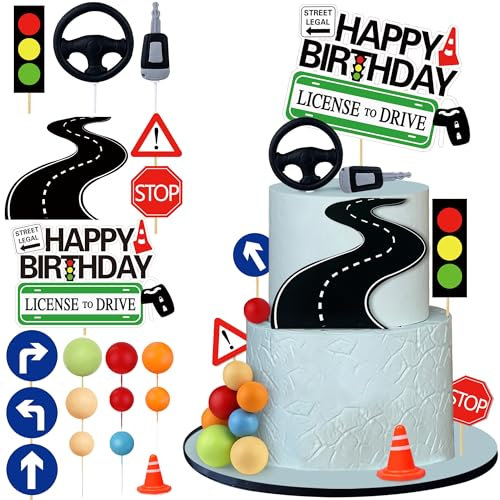 19Pcs Driver License Cake Topper New Driver Cake Decorations 16th 17th Birthday Cakes for Celebrating New Drivers for Birthday and Road Signs Theme Party Supplies