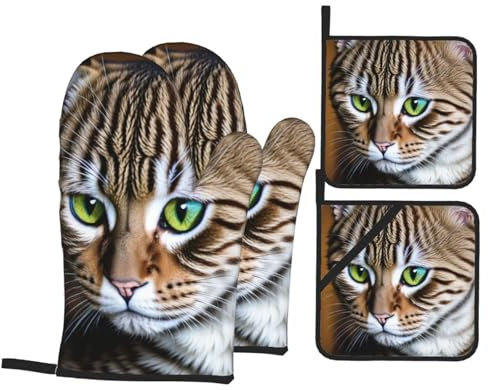 Ofenhandschuhe und Topflappen mit Katzenmotiv, 4 Stück, Küchen-Backhandschuhe und Topfunterlage zum Kochen, Backen, Grillen