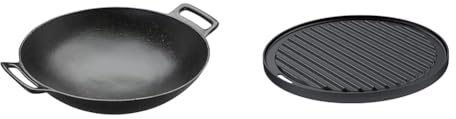 RÖSLE VARIO Wok, Hochwertiger Wok aus emailliertem Gusseisen zum scharfen Anbraten & VARIO Grillplatte, Hochwertige Grillplatte aus Gusseisen