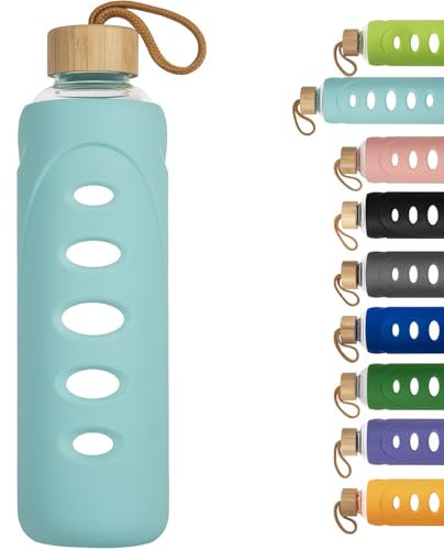 Ferexer Sport Glas Trinkflasche 1000ml / 1 Liter, Borosilikatglas Wasserflasche mit Silikonhülle und Einzigartigem Deckel