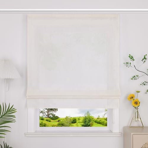 Heichkell Raffrollo mit Klettband Halbtransparent Raffgardine Küche Rollo Einfarbige Gardine Beige BreitexHöhe 140x140 cm