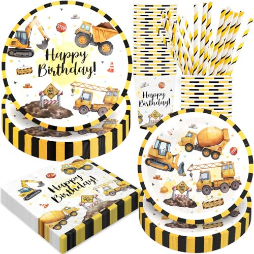 BOIKOKY 120 Pièces Décorations de Fête d'Anniversaire sur le Thème de Construction, Fournitures de Fête sur le Thème de Camion Deux Ans, Vaisselle Jetable | Pour 24