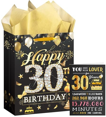 EoBeCy Geschenktüte zum 30. Geburtstag: Schwarz Gold Happy Birthday Tasche mit Karte und Seidenpapier für 30 Jahre alte Männer Frauen - Geschenkpapier mit Griffen für Party