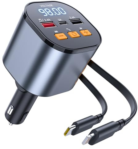 [Upgrade 2025] 81W einziehbares PD Auto Ladegerät mit Bluetooth 5.3 FM Transmitter Freisprecheinrichtung MP3 Player USB und LED-Anzeige Bluetooth USB-C Adapter für alle