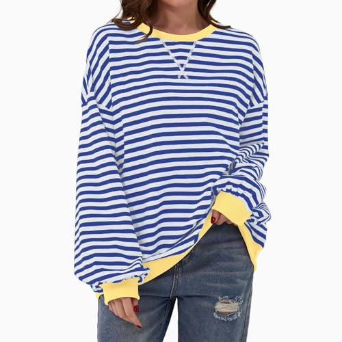 HOOUDO Tages Angebote Sale Damen Oversized Sweatshirt mit Streifenmuster, Farbblock, Langarm, Rundhalsausschnitt, lässig, lockeres Pullover-Shirt Wanderpullover Basic Be Meine Bestellungen Anzeigen