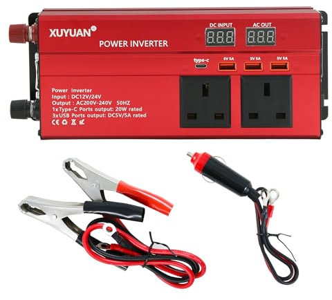 Power Inverter 1200W Car Power Inverter DC 12V/24V to 200V-240V AC, Car Inverter with LED Display, Inverters with 3 UK Sockets and 3 USB Ports and 1 Type-C Port, for Travel Camping