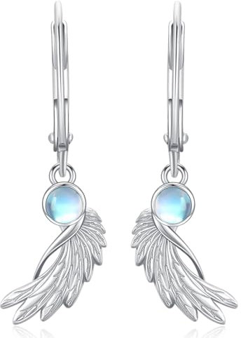 Engelsflügel Hängeohrringe 925 Sterling Silber Mondstein Ohrringe für Mädchen Hypoallergen Leverback Ohrhänger Knorpel Creolen Geschenk für Damen