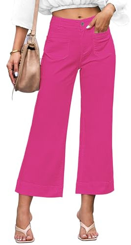 Roskiky Jean baggy pour femme, taille haute, évasé, cropped, denim, extensible, baggy avec poches plaquées, rose, L