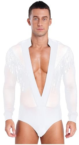 TiaoBug Herren Latein Body Langarm Hemd mit Tiefer V Ausschnitt Ballettanzug Transparent Ballett Trikot Pailletten Quaste Gymnastik Leotard Glänzend Kostüm Weiß XL