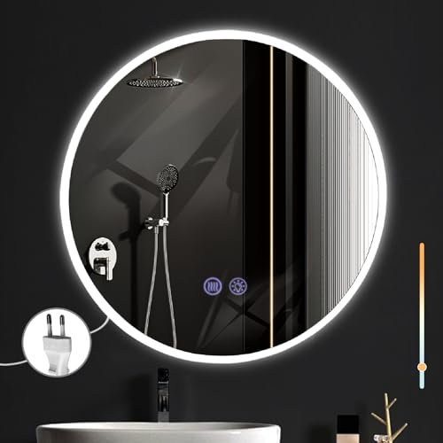 Mursche Badezimmerspiegel mit Beleuchtung Badspiegel Rund - Runder IP44 50cm LED Spiegel mit Touch Dimmbar Mirror Beleuchtet Beschlagfrei Funktion Bad Rundspiegel mit Licht Kabel für Badezimmer