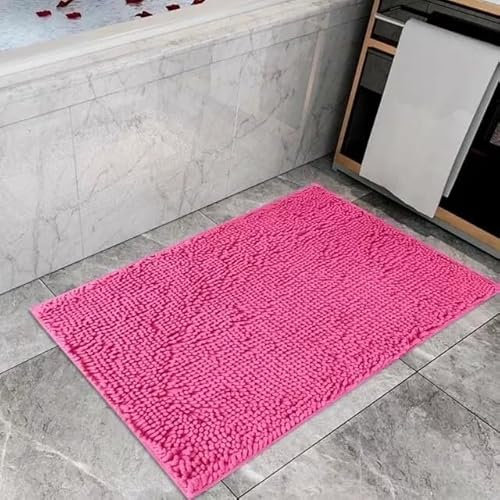 Velvet Stitch Tappeto da bagno in ciniglia in microfibra, nero, morbido, a pelo lungo, antiscivolo, assorbente (fucsia, 50 x 80 cm)