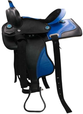 AMKA Pony/Shetty Westernsattel Jose in blau mit Glitzersteinchen, Steigbügel, Riemen und Sattelgurt