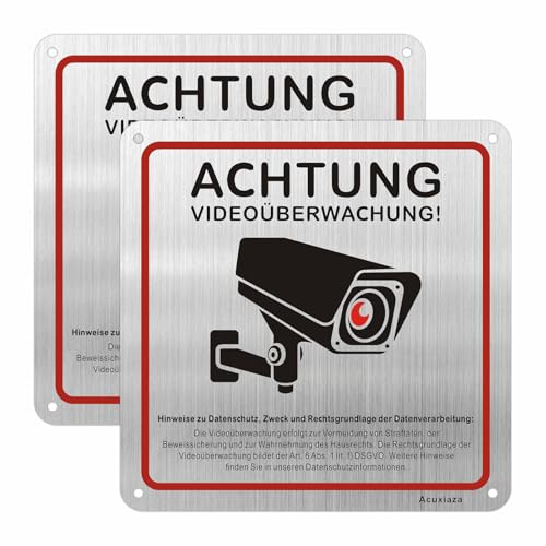Acuxiaza 2 Stück Achtung Videoüberwachung Schild mit DSGVO Hinweis, 15x15 cm Aluminium Gebürstet Privatgrundstück Warnschild, Kameraüberwachung Schilder mit Vorgebohrtes Loch