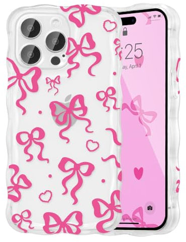 UEEBAI Bow Case for iPhone 12 Pro Max, Wavy Cute Ribbon Pretty Aesthetic Case Curly Stylish Soft Wave Clear Phone Shockproof Protective Pretty Cover for Women Girl - Hot Pink