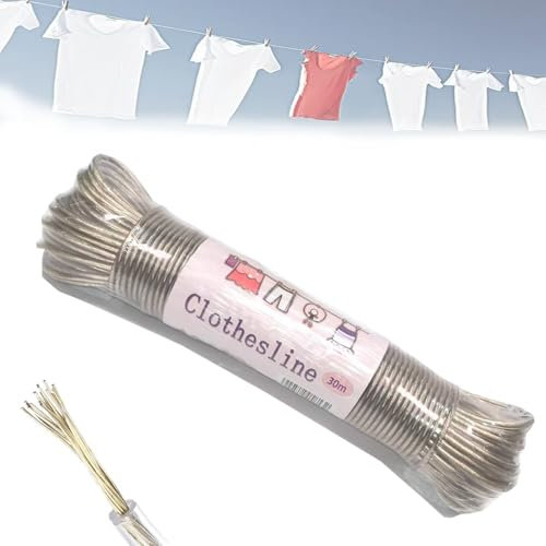 WLHFDC 30m Filo per Stendere Il Bucato da Esterno,Filo Stendibiancheria per Esterno,Cavo Stendibiancheria per Esterno Antiruggine e Impermeabili,4mm Corda per Stendere I Panni Esterno,Capacità 120 KG