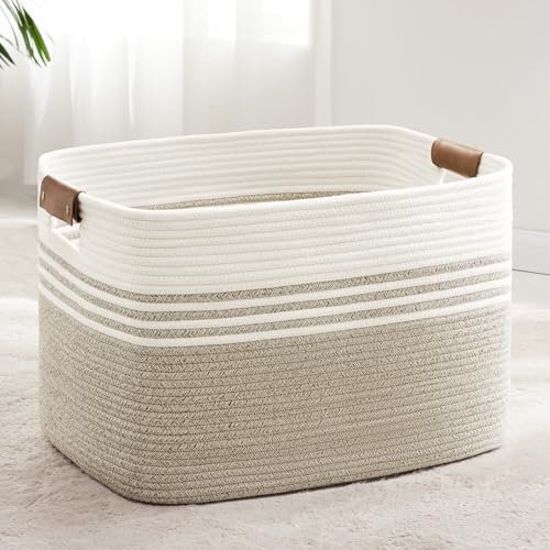 Großer Wäschekorb, Aufbewahrungskorb Baumwollkorb Geflochten mit Lederhenkel für Kleidung, Spielzeug, Kissen, Decke, Korb für Wohnzimmer, Kinderzimmer, Schlafzimmer, 60 x 40 x 36 cm, Beige Braun