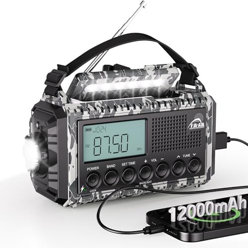 Emergency Hand Crank & Solar Powered Radio with USB Phone Charger, 12000mAh Battery, AM/FM/SW, SOS Alarm, and Flashlight – Portable Survival Radio for Outdoor Adventures (Camouflage Gray)