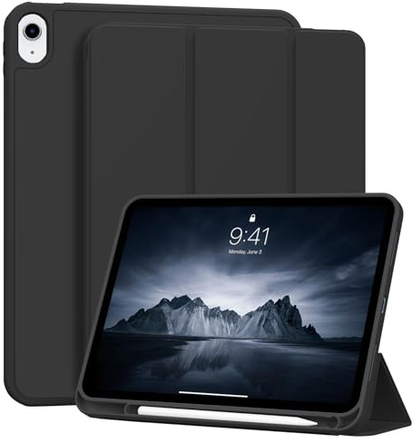 IAMKHO Hülle für iPad A16 11./10. Generation 11/10,9 Zoll 2025/2022 Schwarz | Integrierter Stifthalter, Weiche Flexible TPU Stoßfeste Rückschale, Unterstützt Touch-ID, Auto Schlafen/Wachen