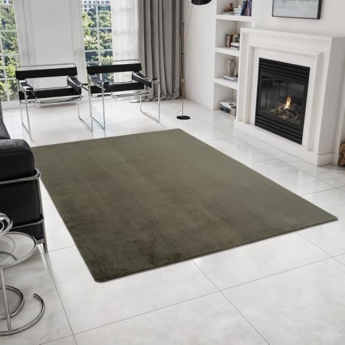 HomebyHome Kurzflor Teppich Wohnzimmer 240 x 340 cm Grün - Teppich Weich, Waschbar, rutschfest, modern einfarbig Design - für Schlafzimmer, Küche, Esszimmer