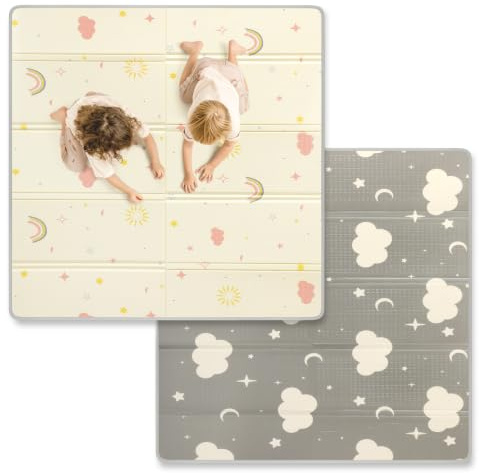 Mallify Krabbelmatte 120x120x1cm für Baby, Faltbar & Schadstofffrei, Beidseitig Verwendbare Spielmatte mit Kantenschutz, Kinderzimmer Spielteppich Play Mat, Tragbar & Wasserdicht für Innen & Outdoor