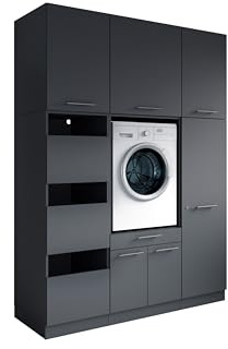 Laundreezy Waschraum Komplett-Set Anthrazit Modulares Schranksystem | 168 x 238 x 68 cm (B/H/T), für Waschküche, Hauswirtschaftsraum, Keller, Bad, Softclose, mit viel Stauraum