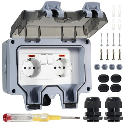 Prise Exterieure Etanche IP66 avec Interrupteur Indépendant – Double Prise avec Couvercle Rabattable, Profondeur 34mm, Accessoires Complets, Idéale Jardin & Terrasse