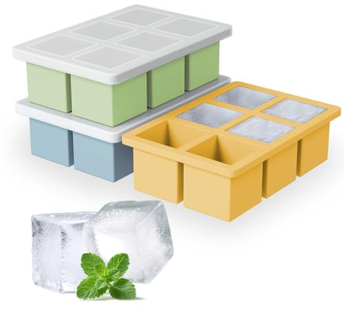 Large Silicone Ice Cube Tray 3Pack, SAWNZC Big Square Ice Cube Molds for Whisky Cocktail, Ice Maker Tray with Lid for Freezer, Easy Release (3, Blue-Green-Yellow)