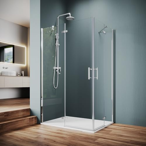 SUNXURY Cabine de douche - Entrée d'angle - 120 x 100 cm - Porte battante - Avec partie fixe de 6 mm - Verre Nano - Pliable - Hauteur : 195 cm - Sans receveur de douche