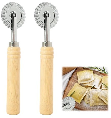 2 Pièces Roulette Coupe Pate Patisserie, en Alliage de Zinc avec Long Manche en Bois, Roulette Coupe-Pizza et Raviolis pour Pâtes Fraîches, Biscuits, Gâteaux et Ustensiles de Cuisine