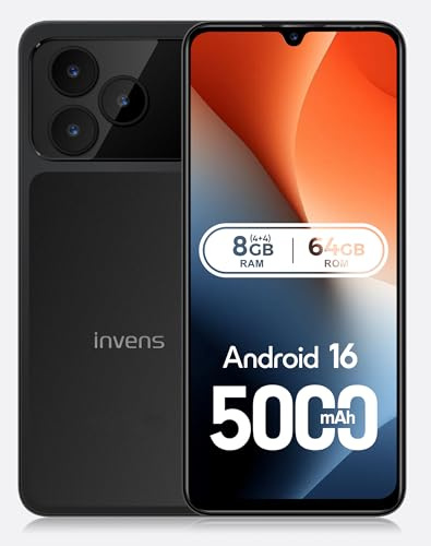 invens NOTE 17P Mobile Phones, Android 16 Smartphone, 5000mAh Battery, 8.75mm Ultra-Slim, 6.9 HD+,16MP+8MP Camera, 8GB + 64GB/1TB Android Phones,4G Dual SIM Unlocked, Face ID, GPS, OTG, Black