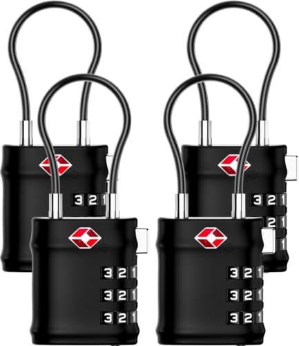 LUGGEX Cadenas Valise TSA Approuvé, Cadenas Valise Avion à 3 chiffres | Câble Flexible pour Valise, Cadenas Sac à Dos, Ouverture en un Clic et Boîte Cadeau,LLX-Lite (Noir-Argenté, 4 pièces)