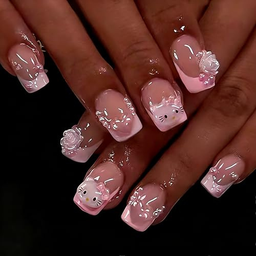 French False Nails Short - Cute Kitty Fake Nails with Glue - 24PCS French Tip Press on nails - Pink Stick on Nails with Pearl & Flower - Natural Square Acrylic Nail Tips for Women DIY Manicure at Home