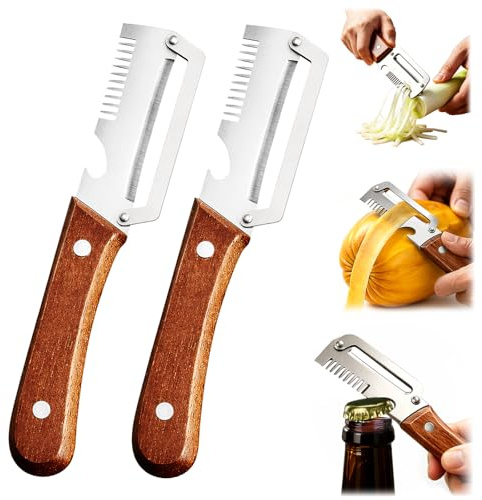 3-in-1 Sparschäler mit Holzgriff, 2026 Neu Multifunktionaler Gemüseschäler für Die Küche, Edelstahl Gemüseschäler Kartoffelschäler mit Flaschenöffner, Universalschäler für Tomaten Obst