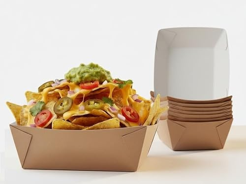 2you 50 Pack Kraft Paper Food Trays, Hot Box 13.5 x 11.5 x 4.5 cm Single Use Cardboard Serving Boats, Oilproof Takeaway Disposable Containers for Party, BBQ, Picnic, Nachos, Chips, Burgers, Snacks